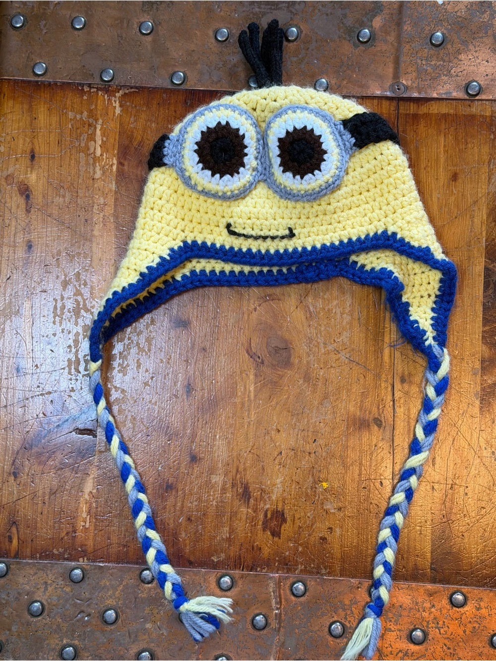 Handmade Crocheted Minion Despicable Me Earflap Hat - Yellow & Blue